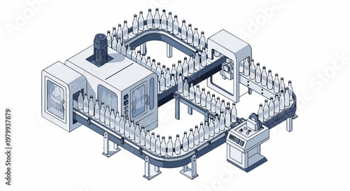 Isometric Automation Bottling Line Illustration with Glass Bottles on Conveyor Belt in Industrial Factory Setting