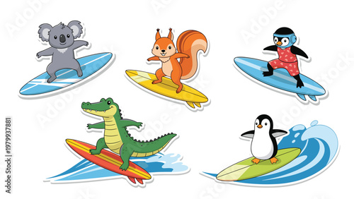 Collection of fun animal stickers featuring a koala squirrel penguin and crocodile surfing on colorful boards.
