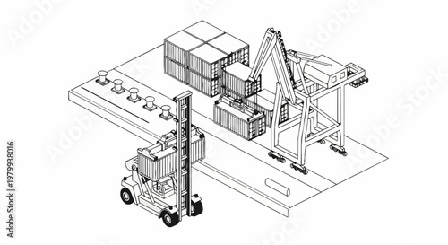 Isometric Line Art Illustration of a Cargo Shipping Port Terminal with Gantry Crane, Reach Stacker, and Containers