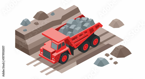 Isometric Red Dump Truck Carrying Stones and Rocks in a Mining Quarry Site