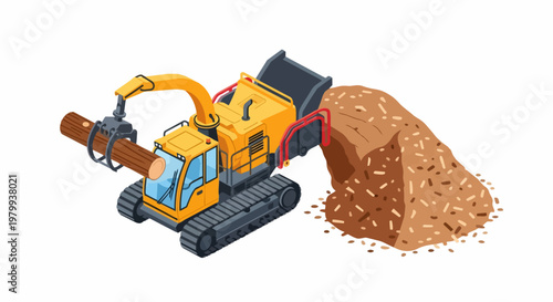 Isometric Industrial Wood Chipper Machine Shredding Logs into Woodchips