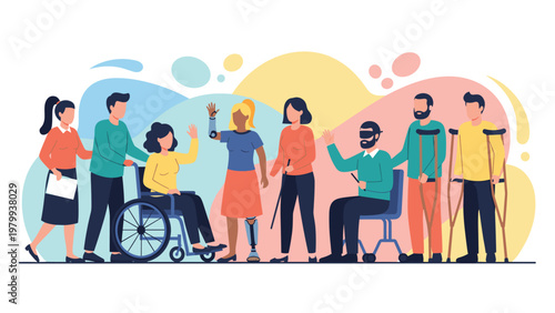 Diverse group of people with different physical disabilities standing together to represent accessibility, unity, and support in a community.