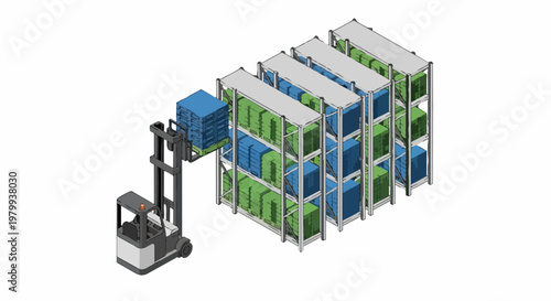 Isometric illustration of a forklift loader stacking blue crates on warehouse shelves. Logistics and supply chain management concept for industrial storage and inventory.