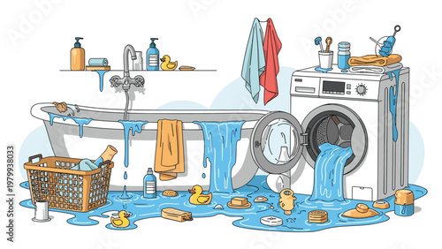 Scene of a domestic flood in a bathroom with water overflowing from the bathtub and washing machine onto the floor with toys and accessories.