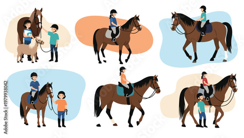 Various illustrations show children and adults enjoying horse riding activities, from leading a pony to trotting and walking on a brown horse.