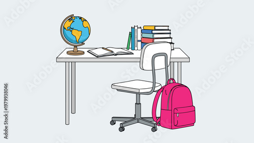 Student study area with a white desk holding a globe books and an open notebook next to a bright pink school backpack.