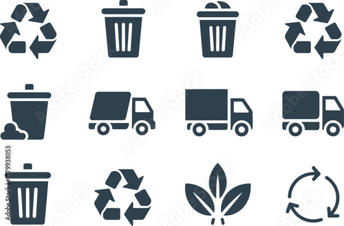 Collection of recycling and waste management icons representing environmental protection and sustainable garbage disposal service solutions