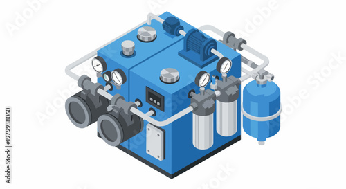 Blue Isometric Industrial Pumping System and Hydraulic Power Unit with Gauges and Filters for Factory Automation and Engineering