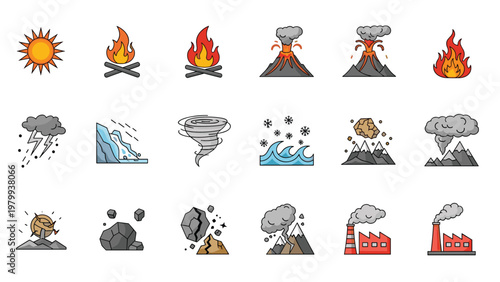 Comprehensive set of color icons represents natural disasters and severe weather events including tornadoes, floods, volcanoes, and wildfires.