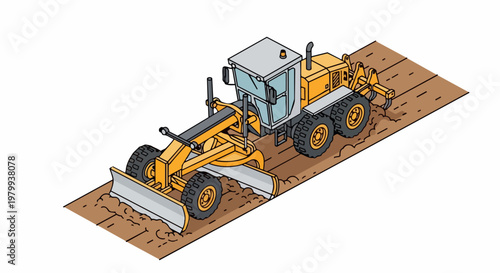 Isometric Yellow Motor Grader Illustration, Road Construction Machinery Leveling Dirt Path, Industrial Heavy Equipment Vector Art on White Background