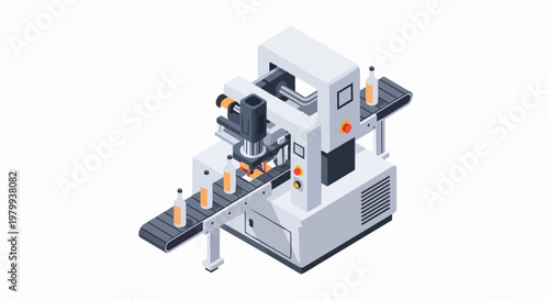 Isometric Automated Bottling Line and Conveyor Belt System for Industrial Manufacturing and Packaging Process