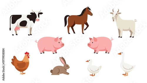 Diverse collection of domestic farm animals features a cow, horse, goat, pigs, chicken, rabbit, and ducks isolated on a clear white backdrop.