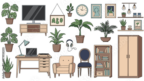 Extensive collection of various home furniture and interior decor items including a sofa, desk, shelving, plants, and electronics for room design.