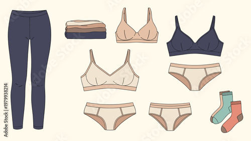 Flat lay illustration of women's basic undergarments displays comfortable bras, panties, leggings, and pairs of socks in neutral and dark tones.