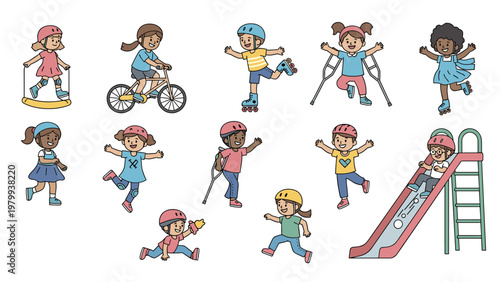 Active and happy children with various physical abilities playing together outdoors with a bike, scooter, and playground equipment for inclusivity.