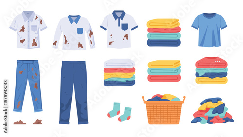 Laundry set showing dirty and clean folded clothes alongside a laundry basket full of garments and piles of fresh linens.