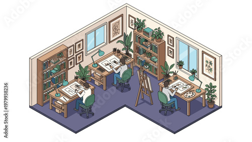 Detailed isometric view of a creative art studio or shared workspace shows professionals at desks surrounded by bookshelves and indoor plants.