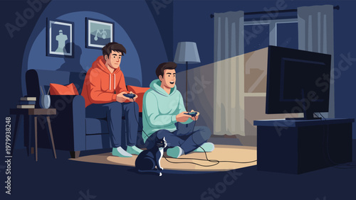 Two friends sitting on a sofa and playing video games together in a cozy living room with a cat watching the action.