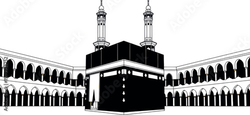 Black and white illustration of a mosque with two minarets and arched walkways