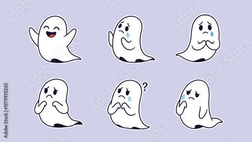 Set of cute ghost stickers with various sad and crying expressions featuring blue tears and simple line art designs.