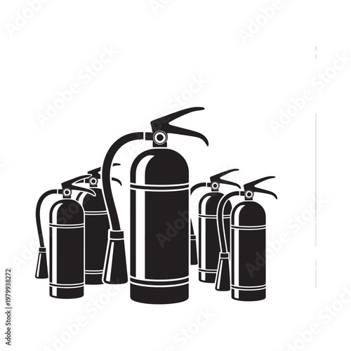 A group of black fire extinguishers arranged in a simple illustration