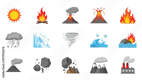 Vector icons of various natural disasters and elements including fire volcanoes tornadoes lightning tsunamis and smog.