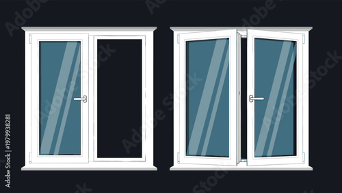 Comparison of a closed and an open white plastic window frame shown from an interior perspective against a dark background for home renovation.