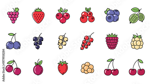 Extensive grid of colorful berry icons includes grapes, strawberries, blueberries, raspberries, and gooseberries in a clean and simple vector style.
