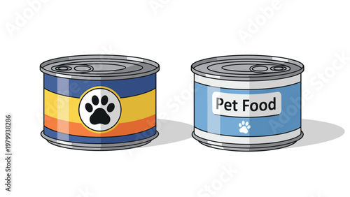 Two metal cans of pet food for dogs or cats with colorful labels featuring a paw print and the text pet food on them.