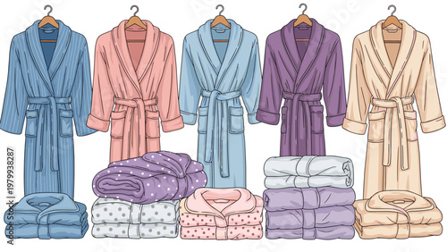 Selection of soft and comfortable bathrobes in various pastel colors is displayed both on hangers and folded neatly into organized stacks.