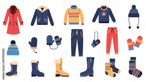 Large collection of cozy winter clothing and accessories includes coats, sweaters, hats, mittens, boots, and warm socks in various colors.
