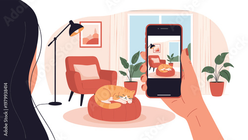 Person using a smartphone to take a photo of a ginger cat sleeping on a beanbag in a cozy living room for social media or personal memories.