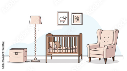 Interior of a serene baby nursery room containing a wooden crib a floor lamp a cozy armchair and framed animal art.