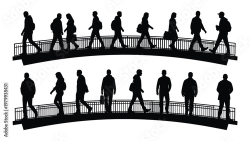 Silhouettes of people walking on two parallel curved bridges are depicted in a minimalist black and white style high quality professional