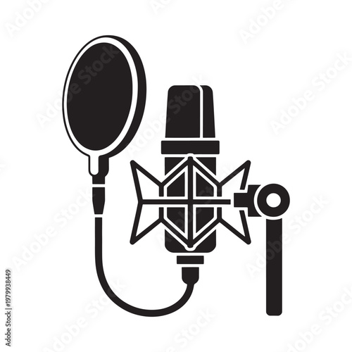 A black and white illustration of a studio condenser microphone