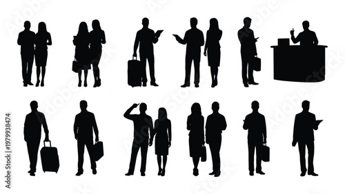 A collection of black silhouette figures depicting diverse business people in various poses and scenarios high quality professional detailed modern elegant