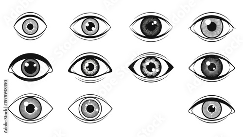 Series of detailed human eye illustrations showing various iris patterns and pupil details in black and white line art.