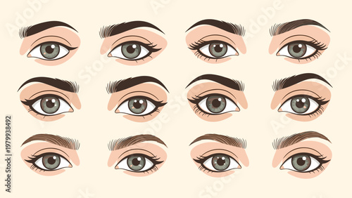 Set of twelve different female eye and eyebrow shapes demonstrates various makeup styles and lash densities in a neat grid on a beige background.