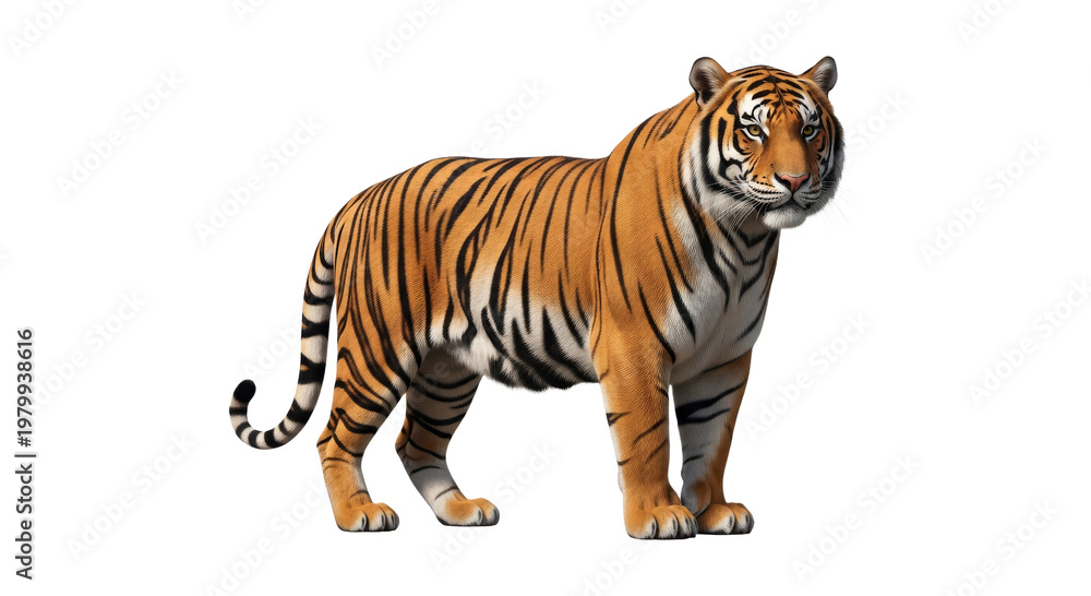 Obraz premium Full body portrait of a majestic tiger standing isolated on white background. PNG Transparent Background