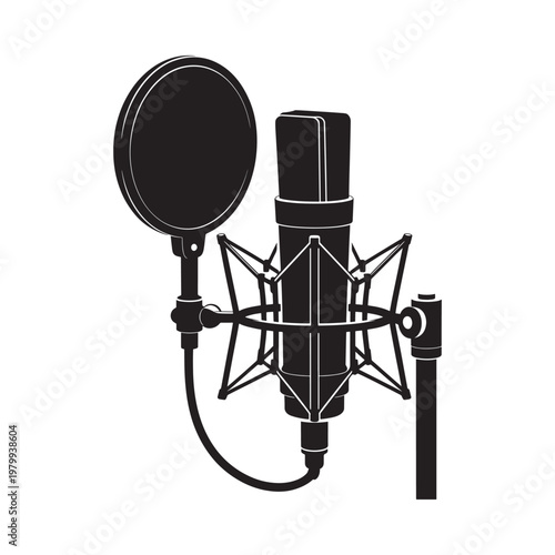 Black and white illustration of a studio condenser microphone with pop filter