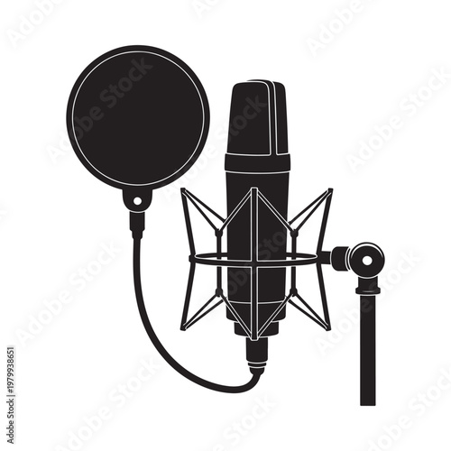 A black and white illustration of a studio condenser microphone