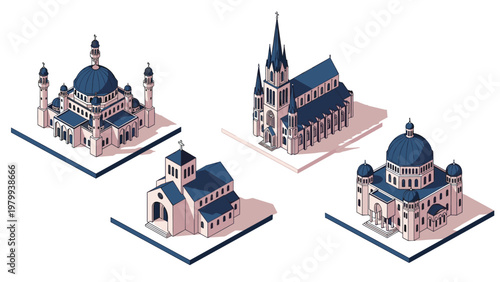 Isometric vector illustration of diverse religious architecture including a mosque, cathedral, church, and Jewish synagogue.