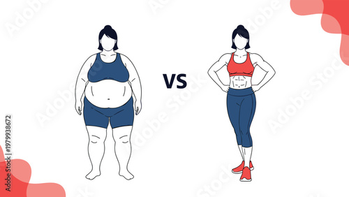 Side-by-side comparison illustration shows a woman before and after a fitness transformation, highlighting weight loss and muscle development.