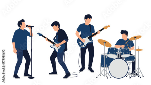 Flat vector illustration of a four-piece rock music band consisting of a male vocalist, two guitarists, and a drummer playing.