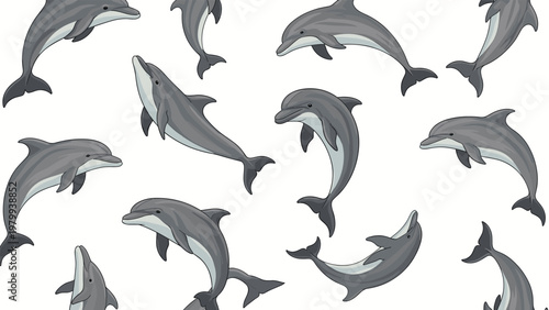 Seamless pattern showcases many grey dolphins leaping and swimming in various directions against a clean white background for marine designs.
