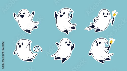 Set of playful and friendly little white ghost stickers features various cute expressions and poses, some holding magic wands on a blue backdrop.