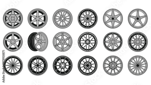 Large collection of modern car wheel rim designs and alloy wheel patterns displayed in a grid for automotive industry concepts.