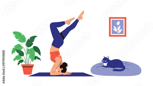 Young woman practicing a yoga headstand pose on a mat in her living room with a plant and a cat sleeping nearby.