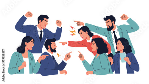 Group of professional business men and women are caught in a heated argument, shouting and pointing fingers at each other in an office conflict.