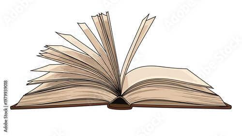 Highly detailed hand-drawn illustration shows an open hardcover book with many of its pages turning and fanning out from the center spine.